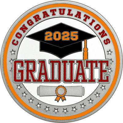 Maroon "Congratulations Graduate" with Orange 2025, Rim, Tassel & Ribbon
